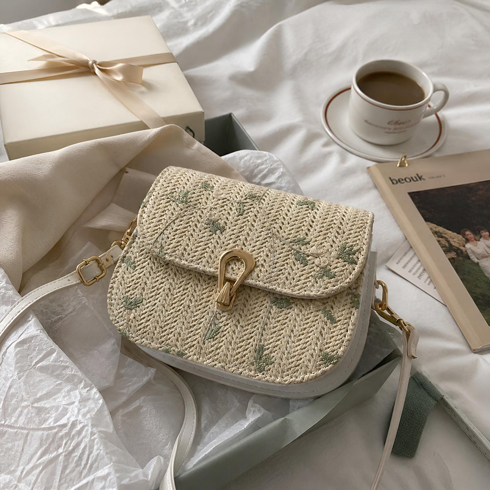 Small Straw Crossbody Bag for Women, Floral Embroidery Summer Shoulder Purse White Khaki