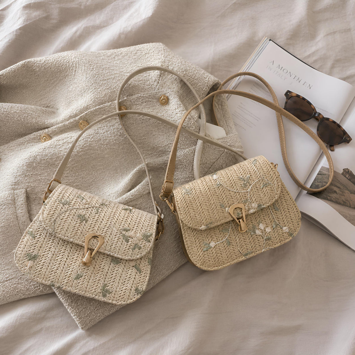 Small Straw Crossbody Bag Floral Embroidery Summer Shoulder Purse White Khaki, SheSelects Atelier summer style