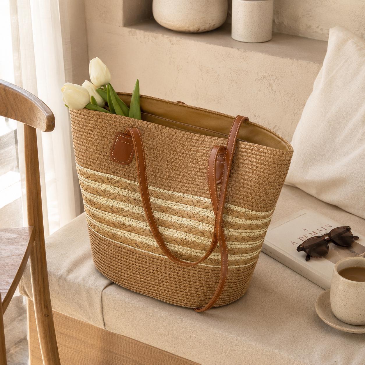 Beige Raffia Tote Bag, Large Summer Beach Shoulder Bag, Resort Tote, SheSelects Atelier summer style