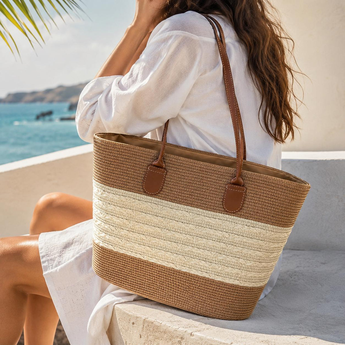 Large Beige Raffia Tote Bag for Women, Summer Beach Shoulder Bag, SheSelects Atelier summer style