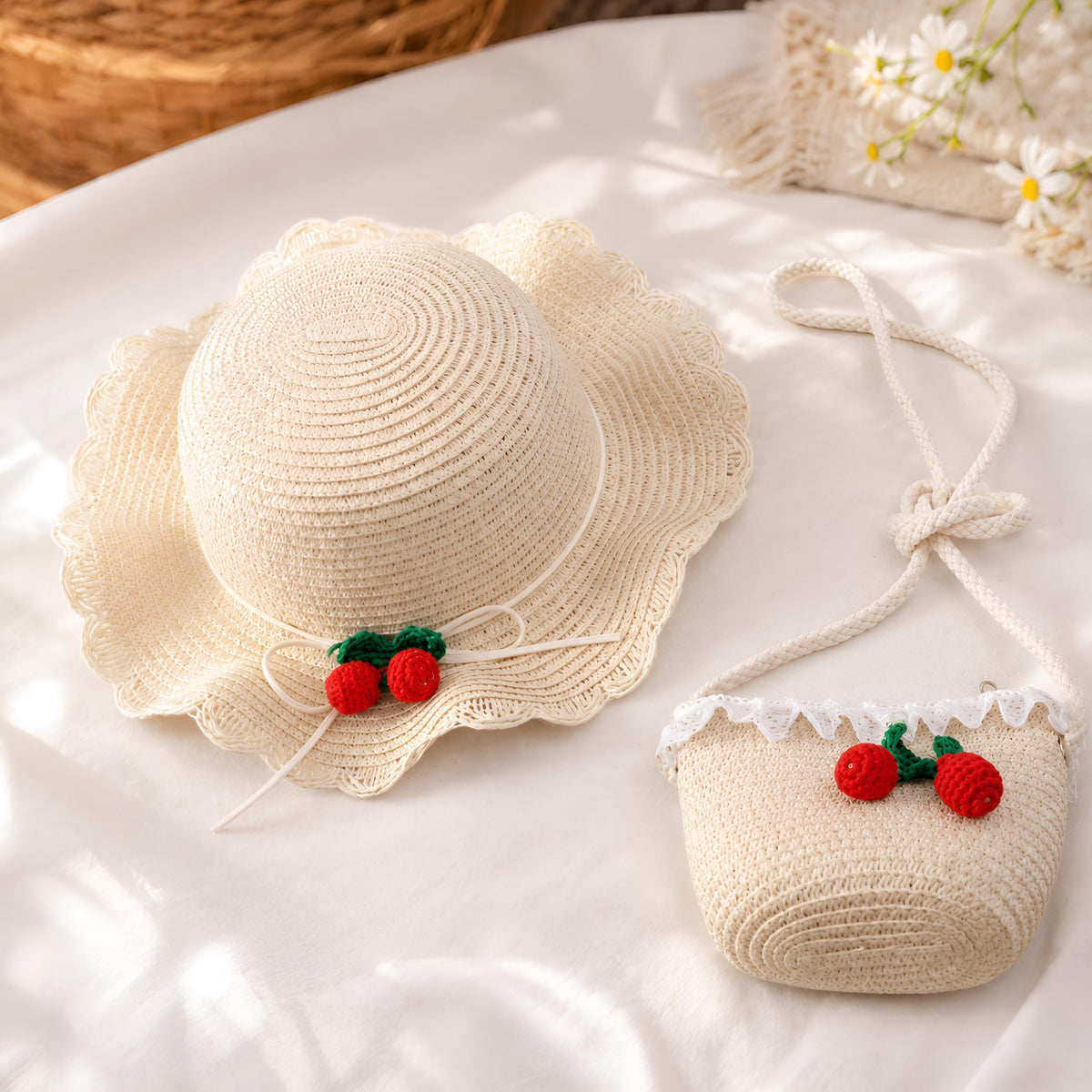 Girls Cherry Straw Hat and Bag Set, Summer Beach Sun Hat, SheSelects Atelier summer style