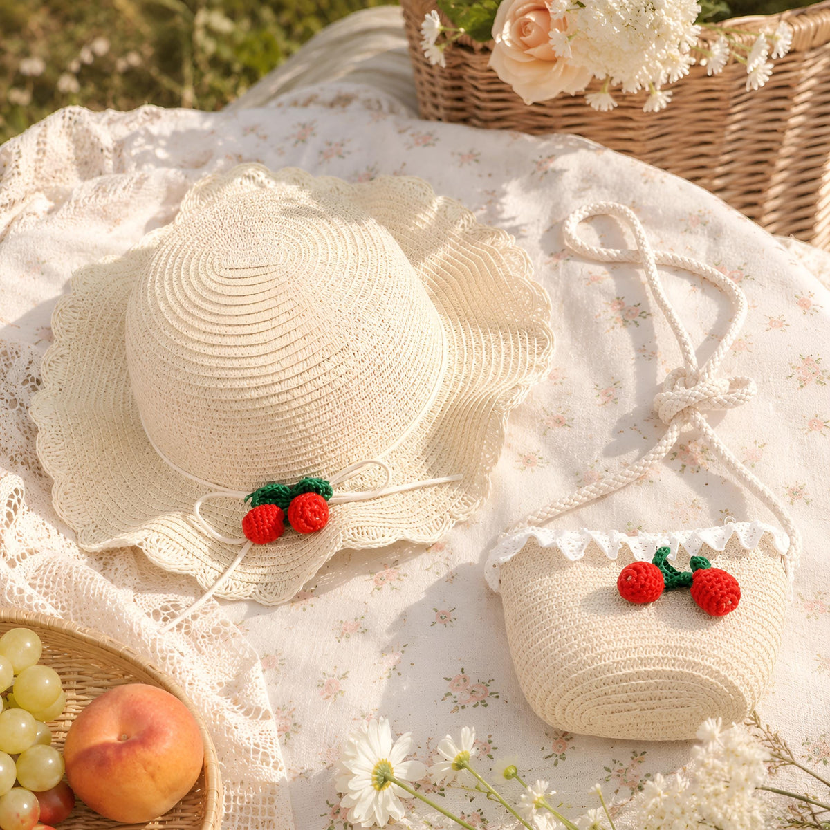Girls Cherry Straw Hat and Bag Set, Summer Beach Sun Hat, SheSelects Atelier summer style