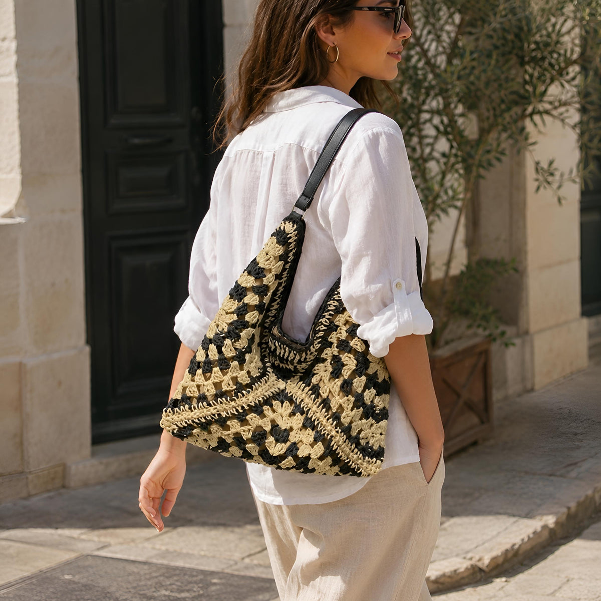 Contrast Woven Straw Bag, Handmade Style Summer Shoulder Purse, SheSelects Atelier summer style