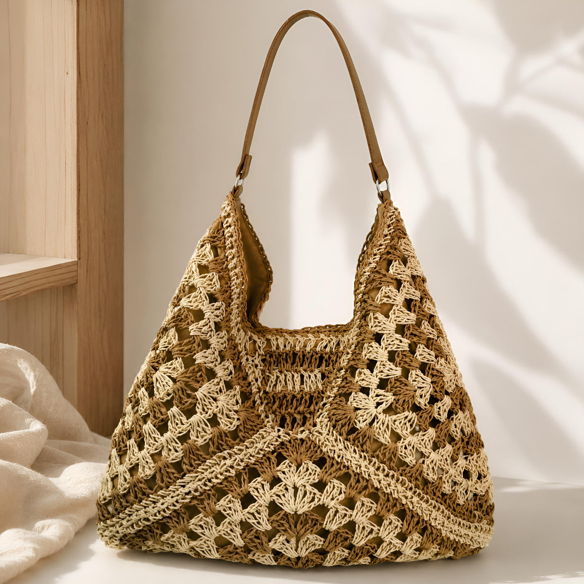 Contrast Woven Straw Bag, Handmade Style Summer Shoulder Purse, SheSelects Atelier summer style