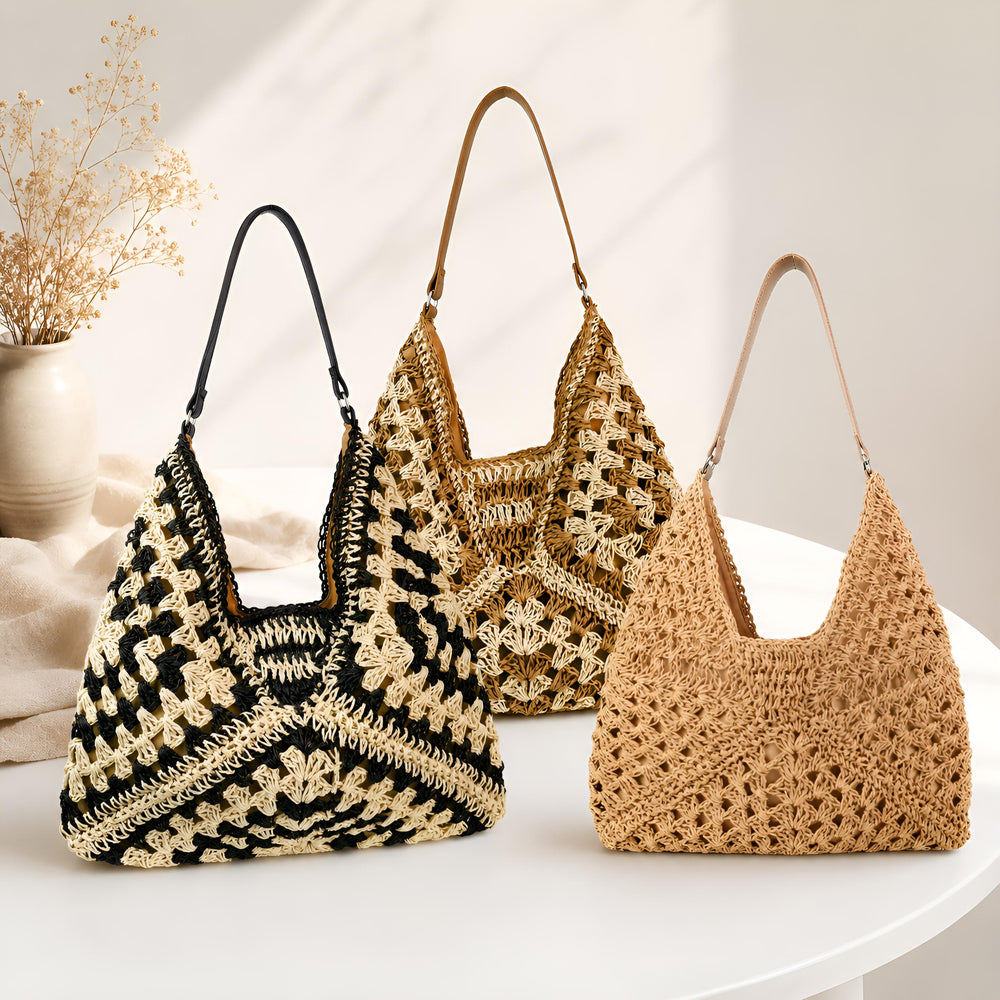Contrast Woven Straw Bag for Women, Handmade Style Summer Shoulder Purse