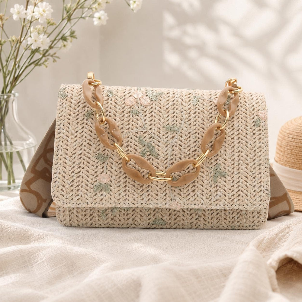 Embroidered Straw Shoulder Bag for Women, Floral Summer Square Purse, Resort Style