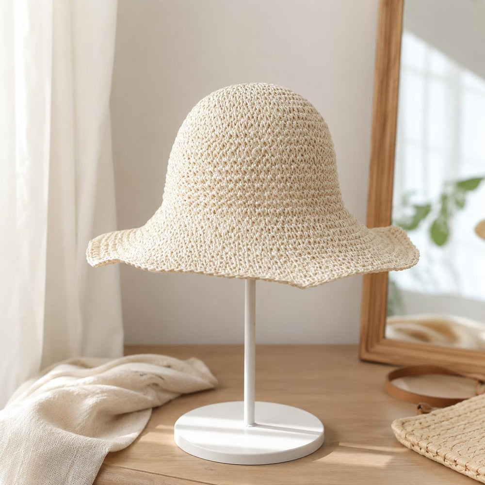 Foldable Beige Straw Sun Hat for Women, Wide Brim Beach Vacation Hat