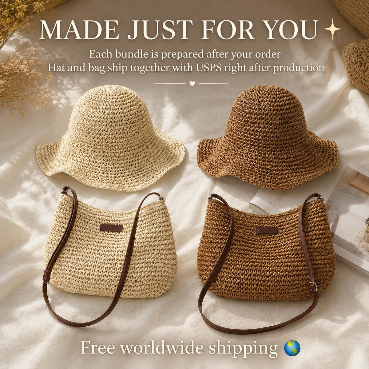 Straw Hat and Bag Set, Beige Brown Summer Beach Set, SheSelects Atelier summer style