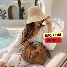 Straw Hat and Bag Set for Women, Beige Brown Summer Beach Set