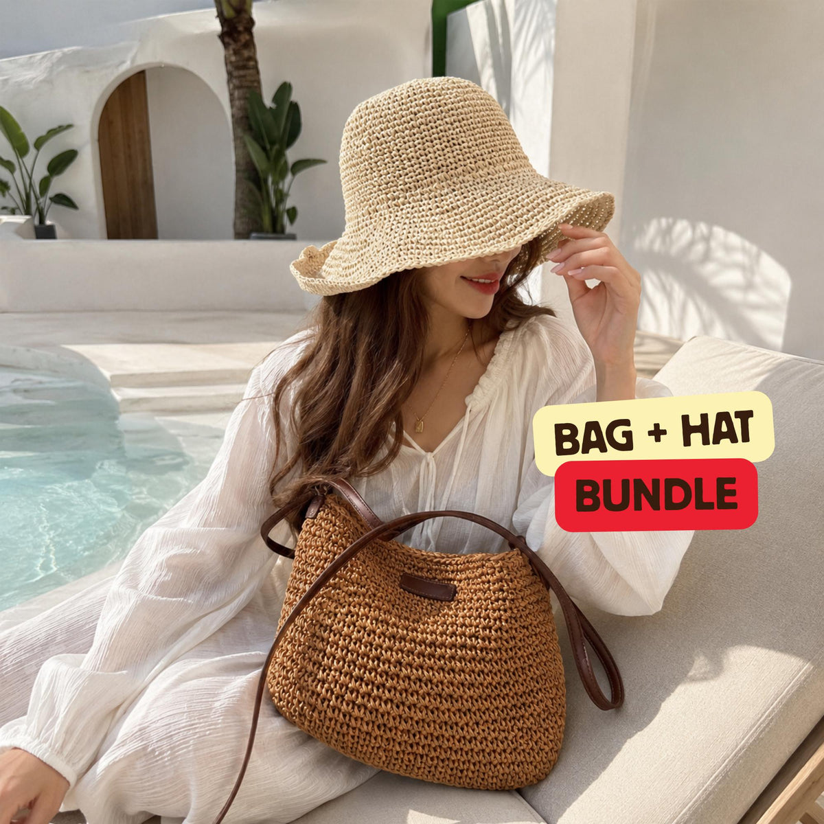 Straw Hat and Bag Set, Beach Vacation Set, Bridesmaid, Vacation Set, SheSelects Atelier summer style