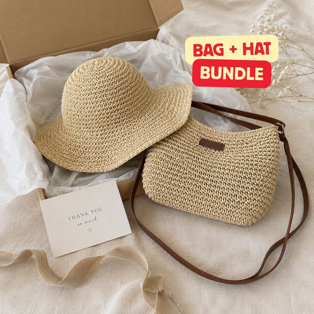 Straw Hat and Bag Set for Women, Beige Brown Summer Beach Set