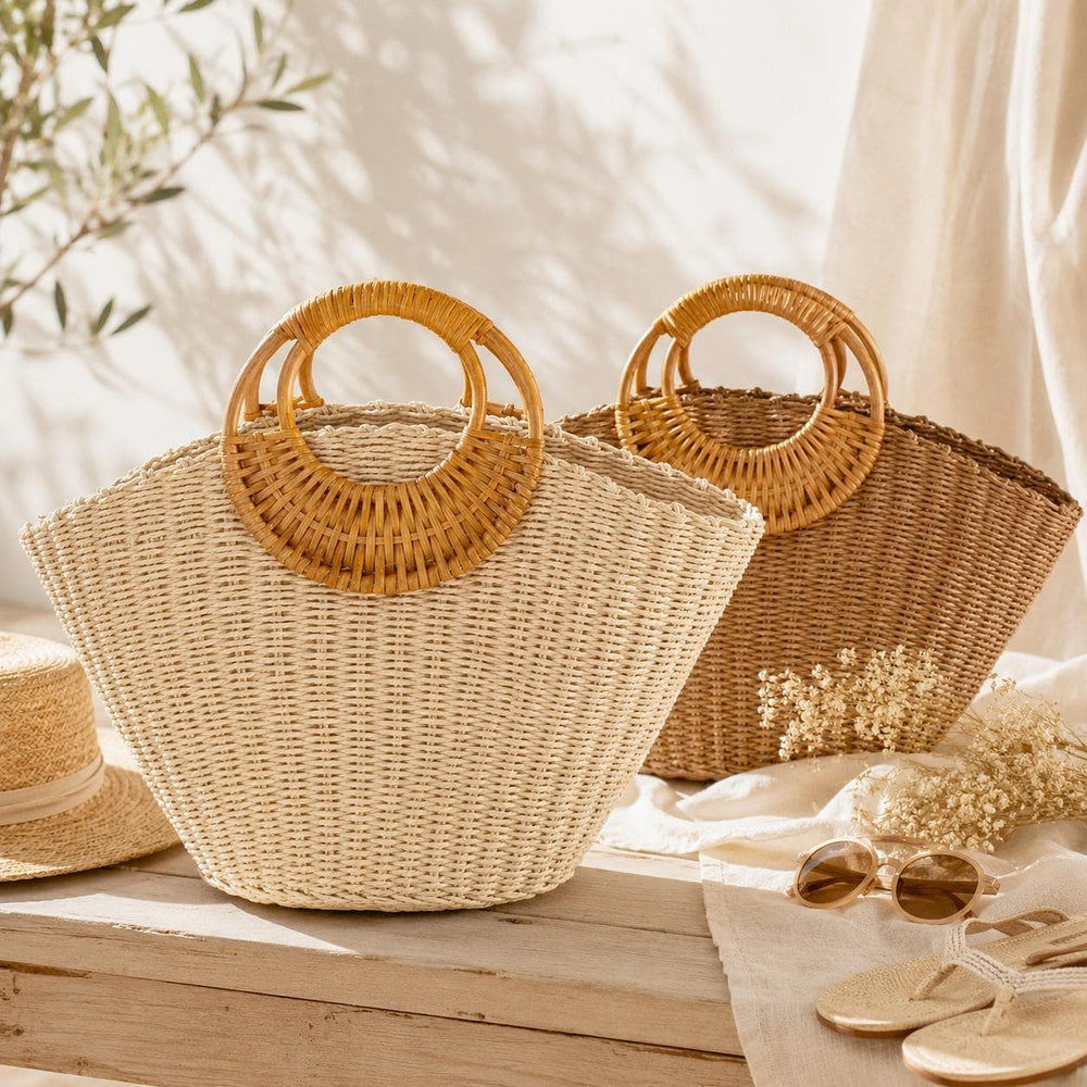 Handmade Straw Beach Bag for Women, Summer Raffia Tote Purse for Vacation