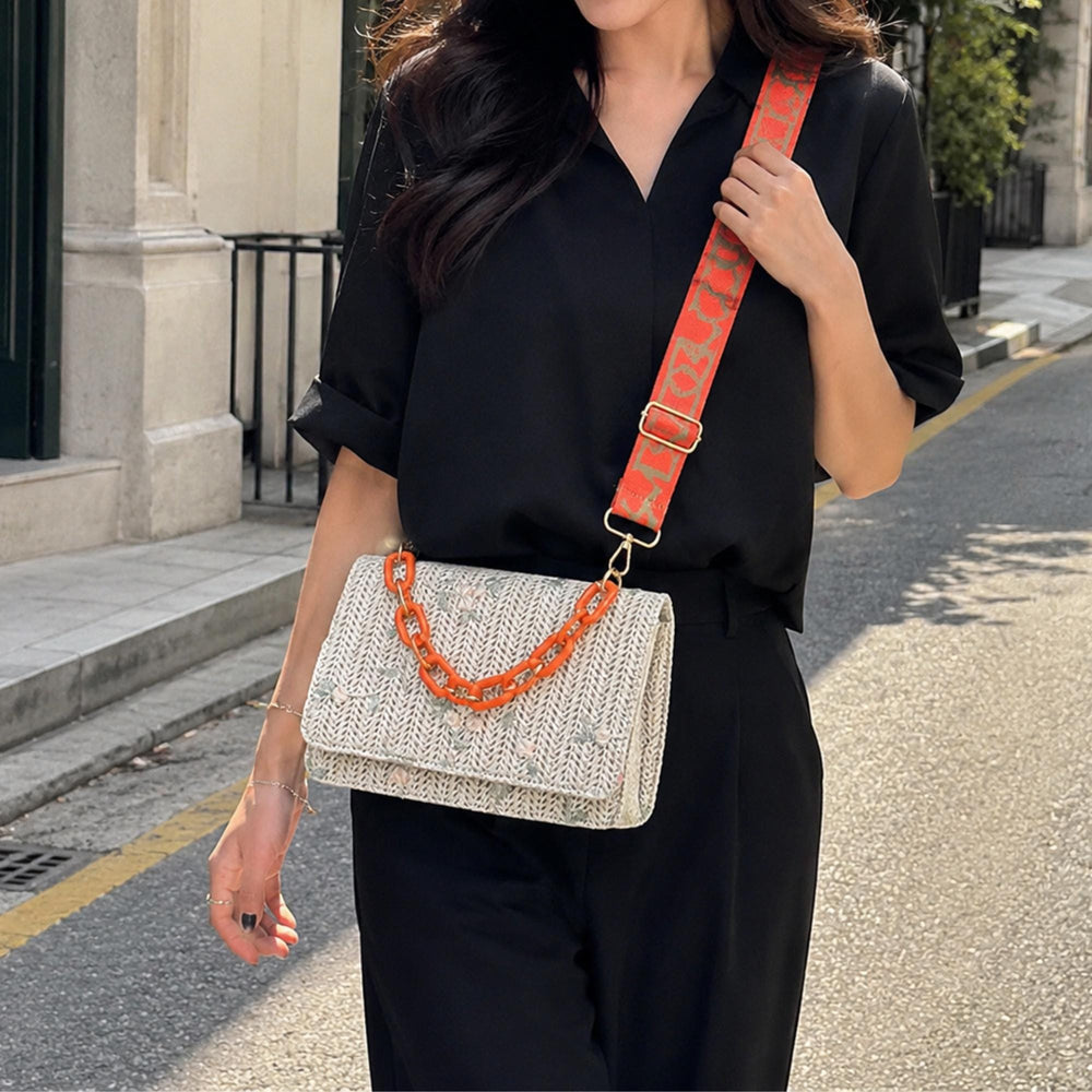 Embroidered Orange Straw Shoulder Bag, Floral Summer Purse for Women