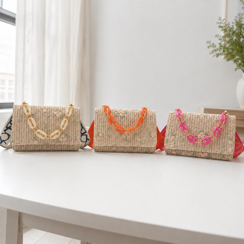 Embroidered Straw Shoulder Bag for Women, Floral Summer Square Purse, Resort Style