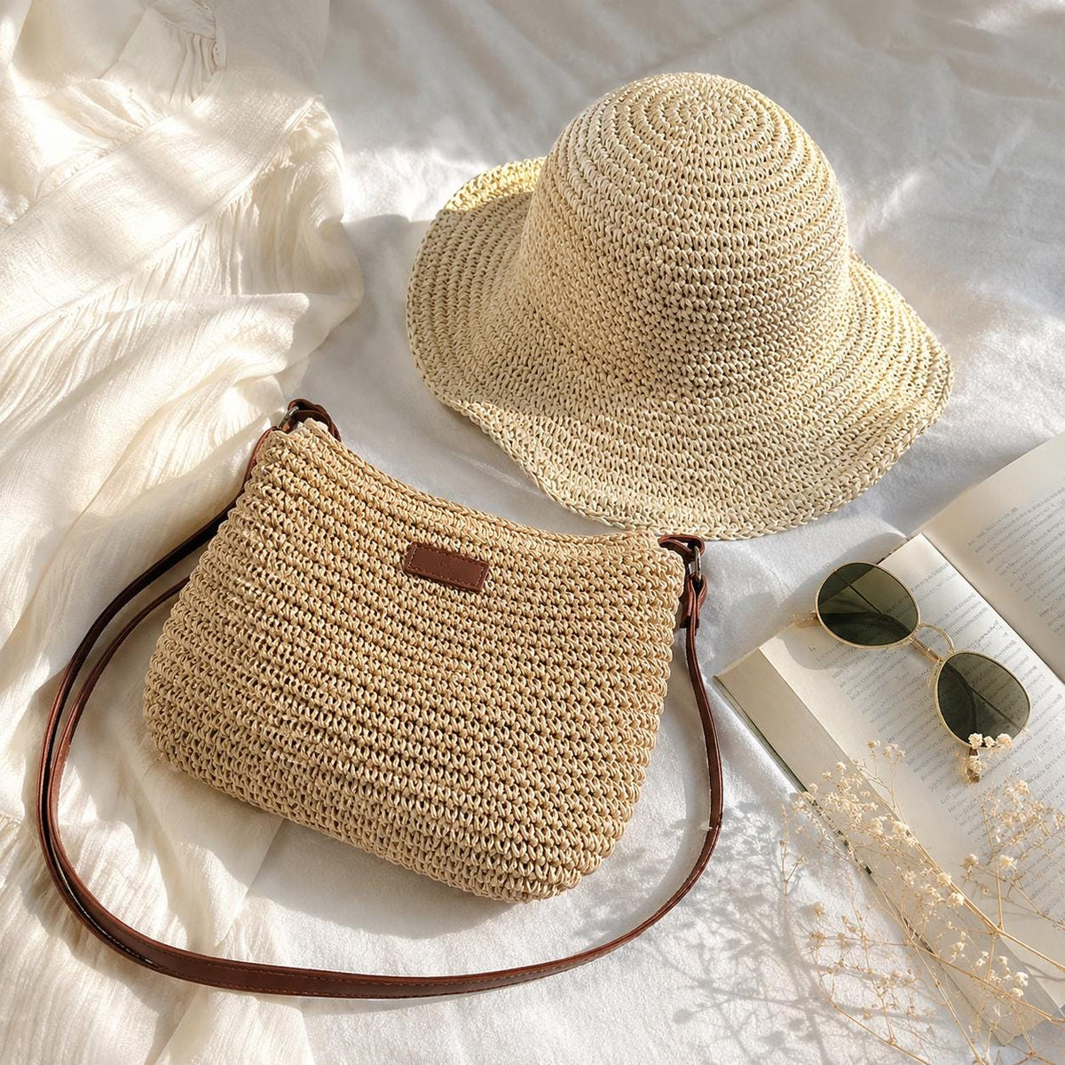 Straw Hat and Bag Set, Beige Brown Summer Beach Set, SheSelects Atelier summer style