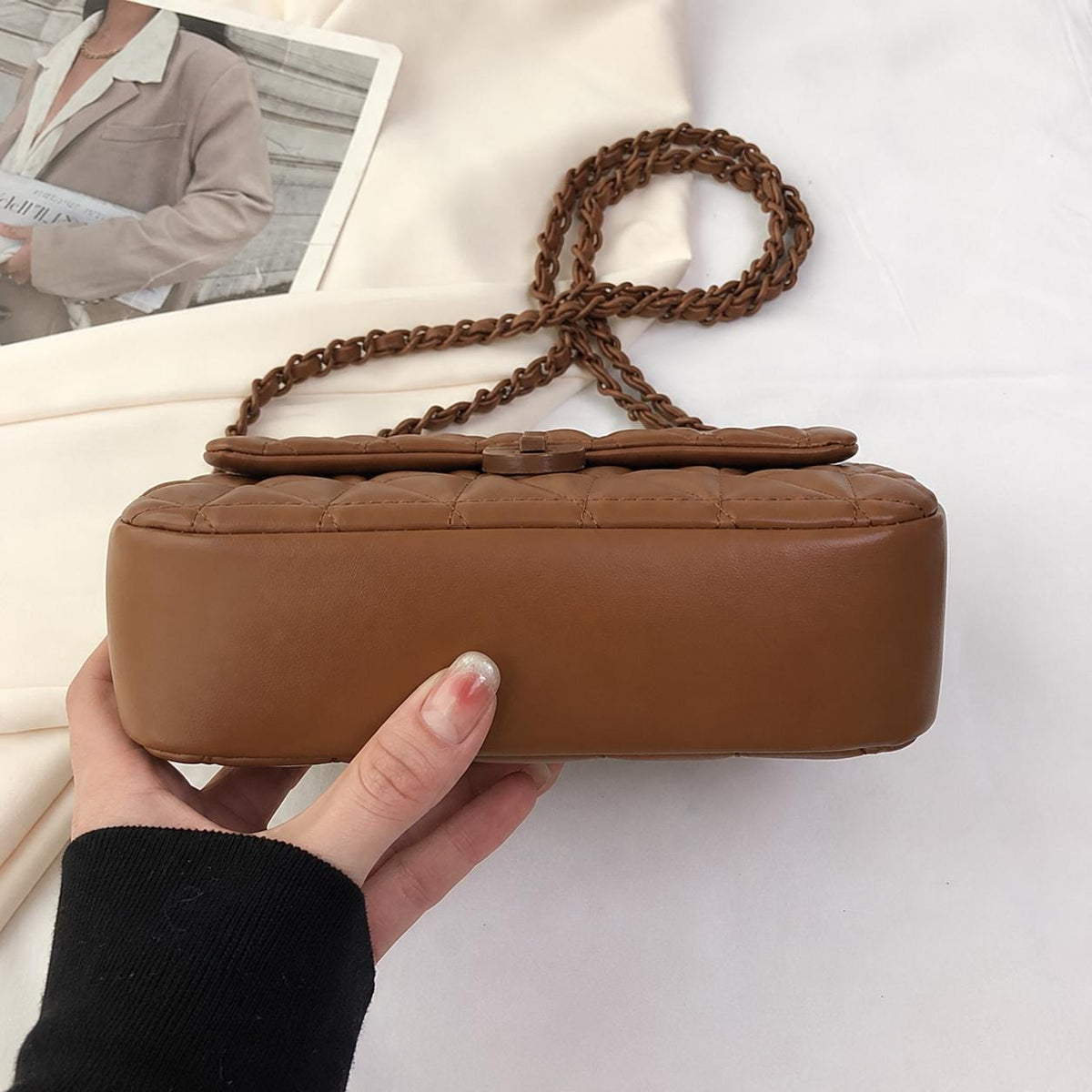 Caramel Brown Shoulder Bag, Quilted PU Leather Crossbody Purse for Everyday, SheSelects Atelier summer style