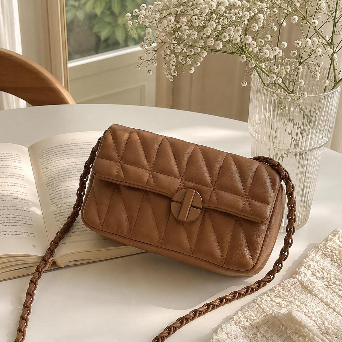 Caramel Brown Shoulder Bag, Quilted PU Leather Crossbody Purse for Everyday, SheSelects Atelier summer style