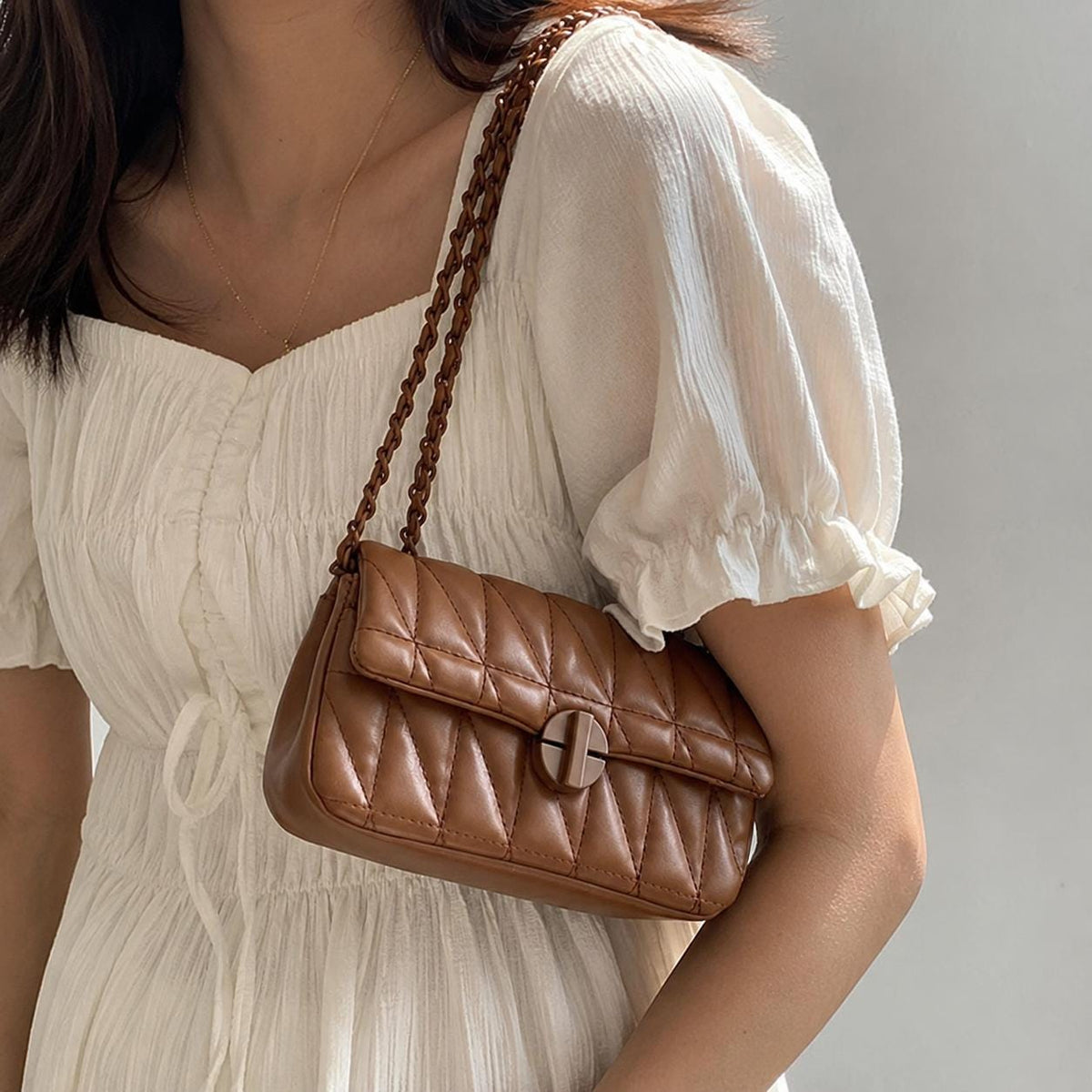Caramel Brown Shoulder Bag, Quilted PU Leather Crossbody Purse for Everyday, SheSelects Atelier summer style
