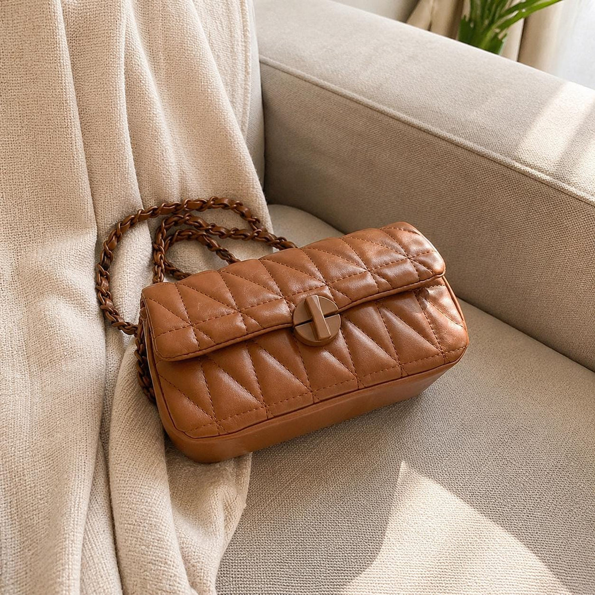 Brown Quilted Crossbody Bag, Small Vegan Leather Shoulder Purse, Resort Style, SheSelects Atelier summer style