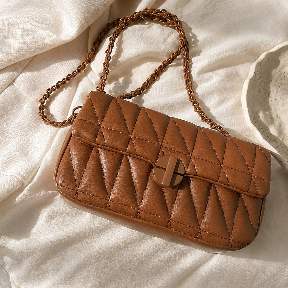 Brown Quilted Crossbody Bag for Women, Small Vegan Leather Shoulder Purse, Resort Style