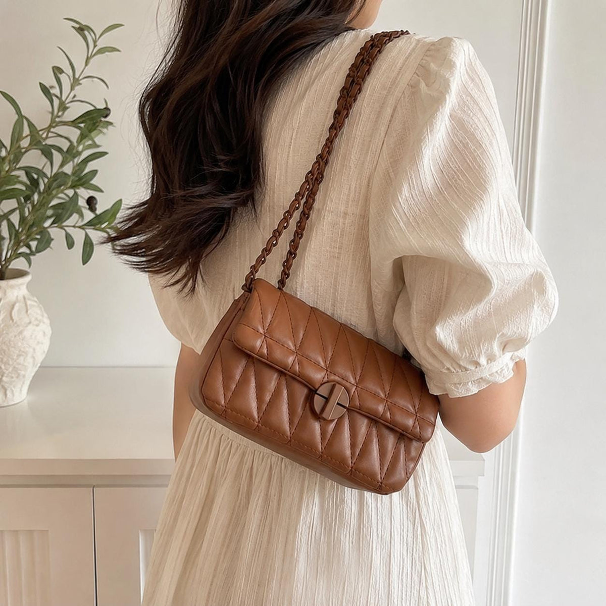 Caramel Brown Shoulder Bag, Quilted PU Leather Crossbody Purse for Everyday, SheSelects Atelier summer style