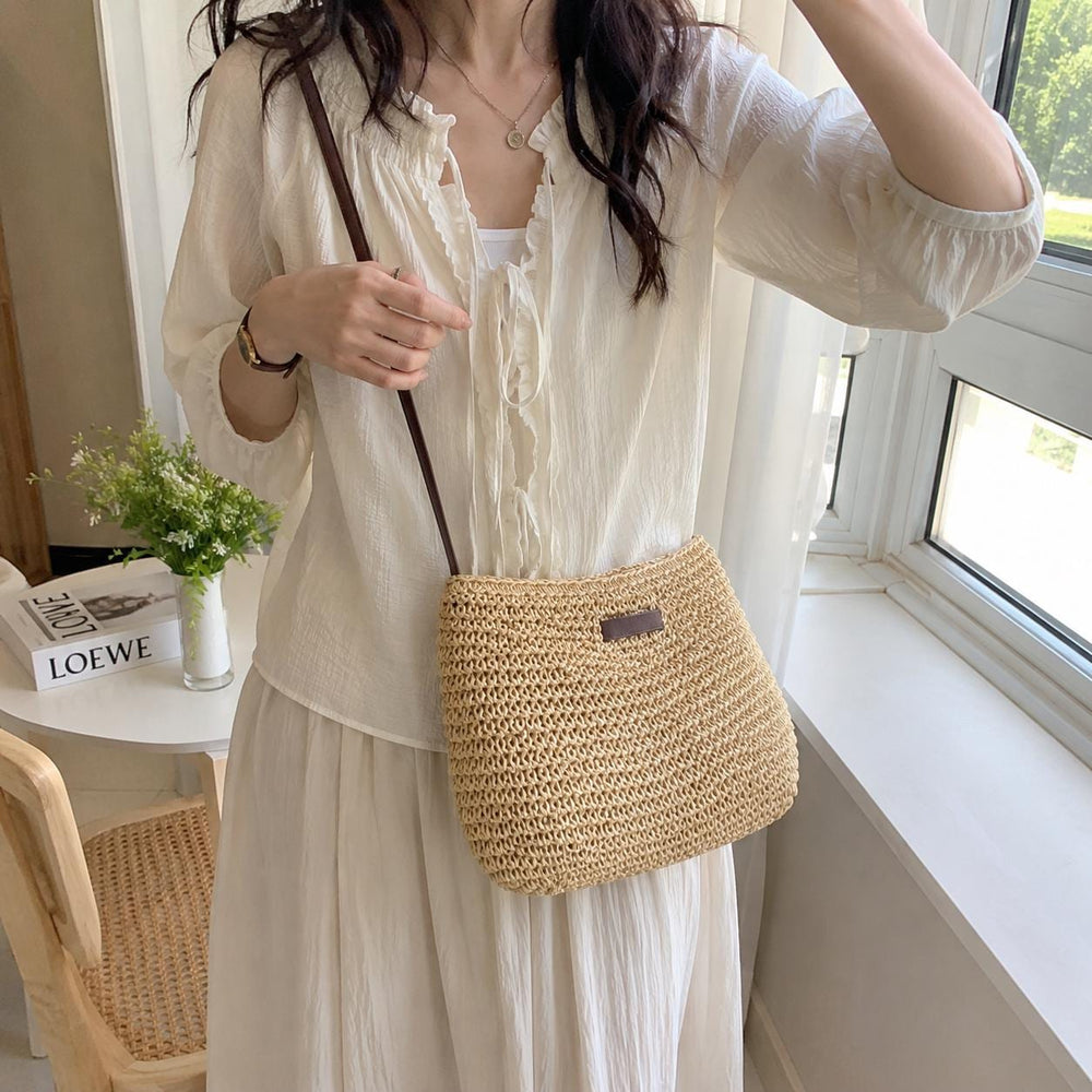 Cottagecore Straw Bag, Zipper Woven Summer Shoulder Bag for Women, Resort Style