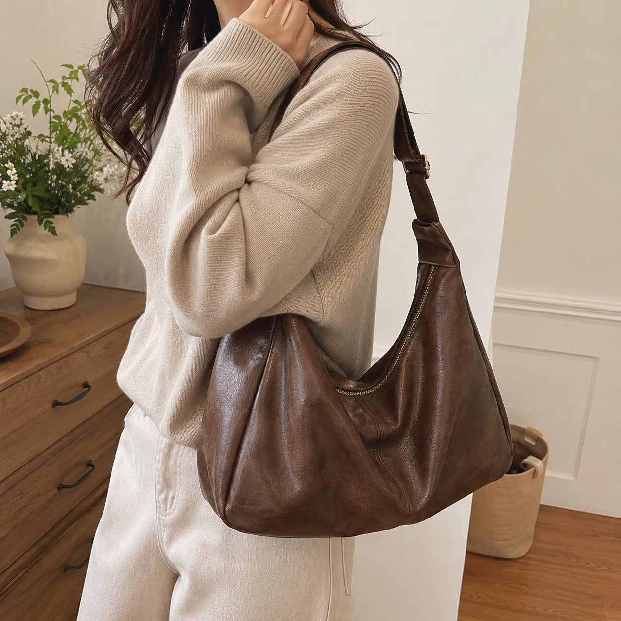 Black Soft Vegan Leather Hobo Bag, Slouchy Adjustable Shoulder Purse, Fits 13-Inch Laptop