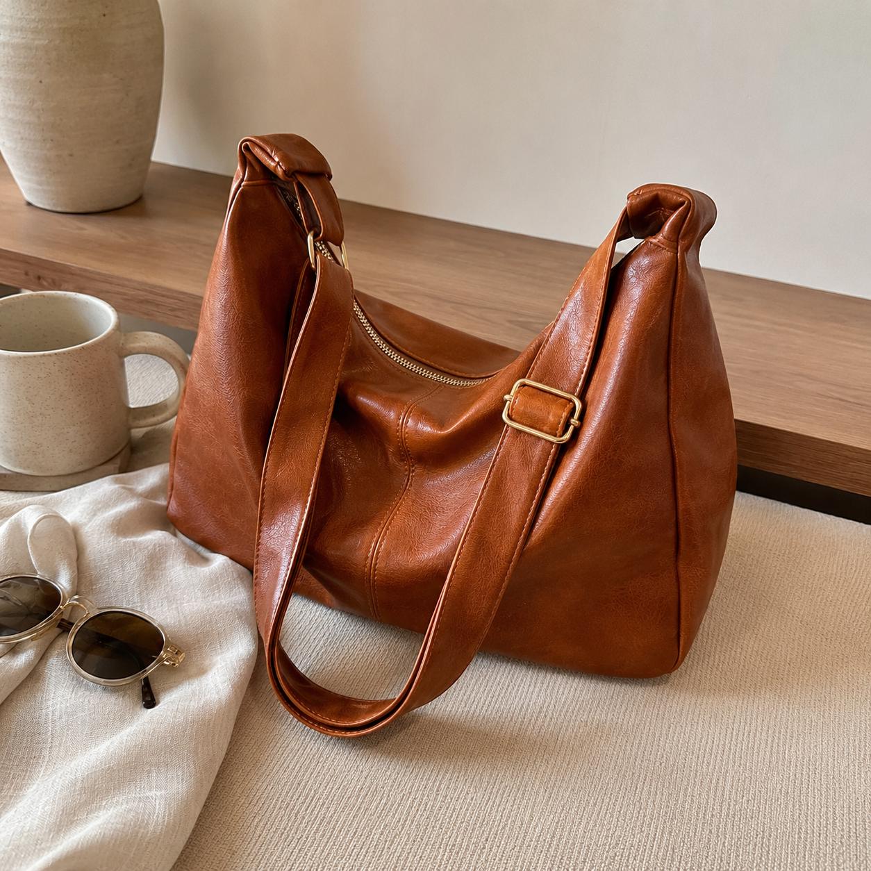 Black Soft Vegan Leather Hobo Bag, Slouchy Adjustable Shoulder Purse, Fits 13-Inch Laptop