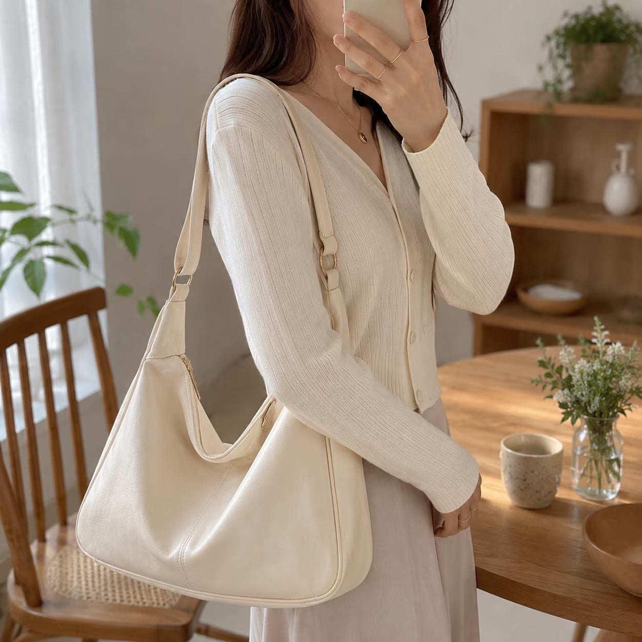 Black Soft Vegan Leather Hobo Bag, Slouchy Adjustable Shoulder Purse, Fits 13-Inch Laptop