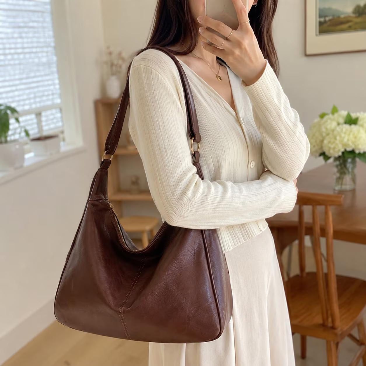 Black Soft Vegan Leather Hobo Bag, Slouchy Adjustable Shoulder Purse, Fits 13-Inch Laptop