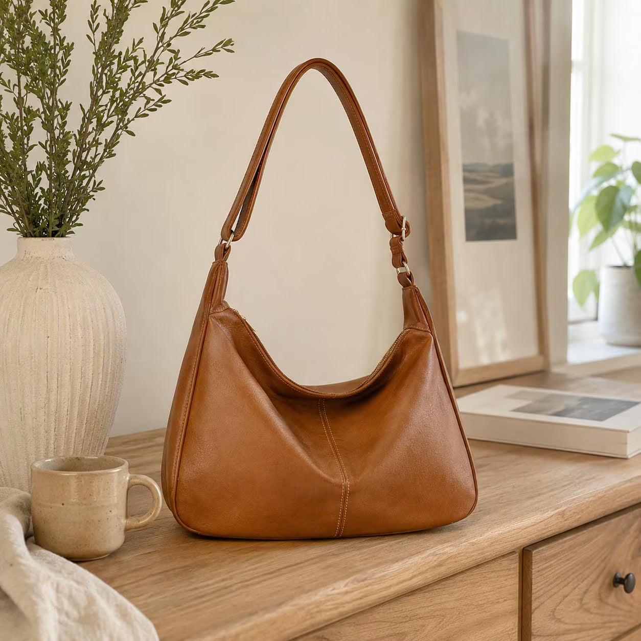 Black Soft Vegan Leather Hobo Bag, Slouchy Adjustable Shoulder Purse, Fits 13-Inch Laptop