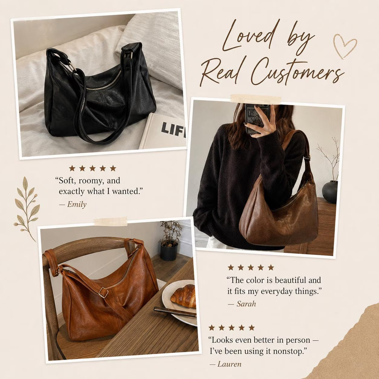 Black Soft Vegan Leather Hobo Bag, Slouchy Adjustable Shoulder Purse, Fits 13-Inch Laptop