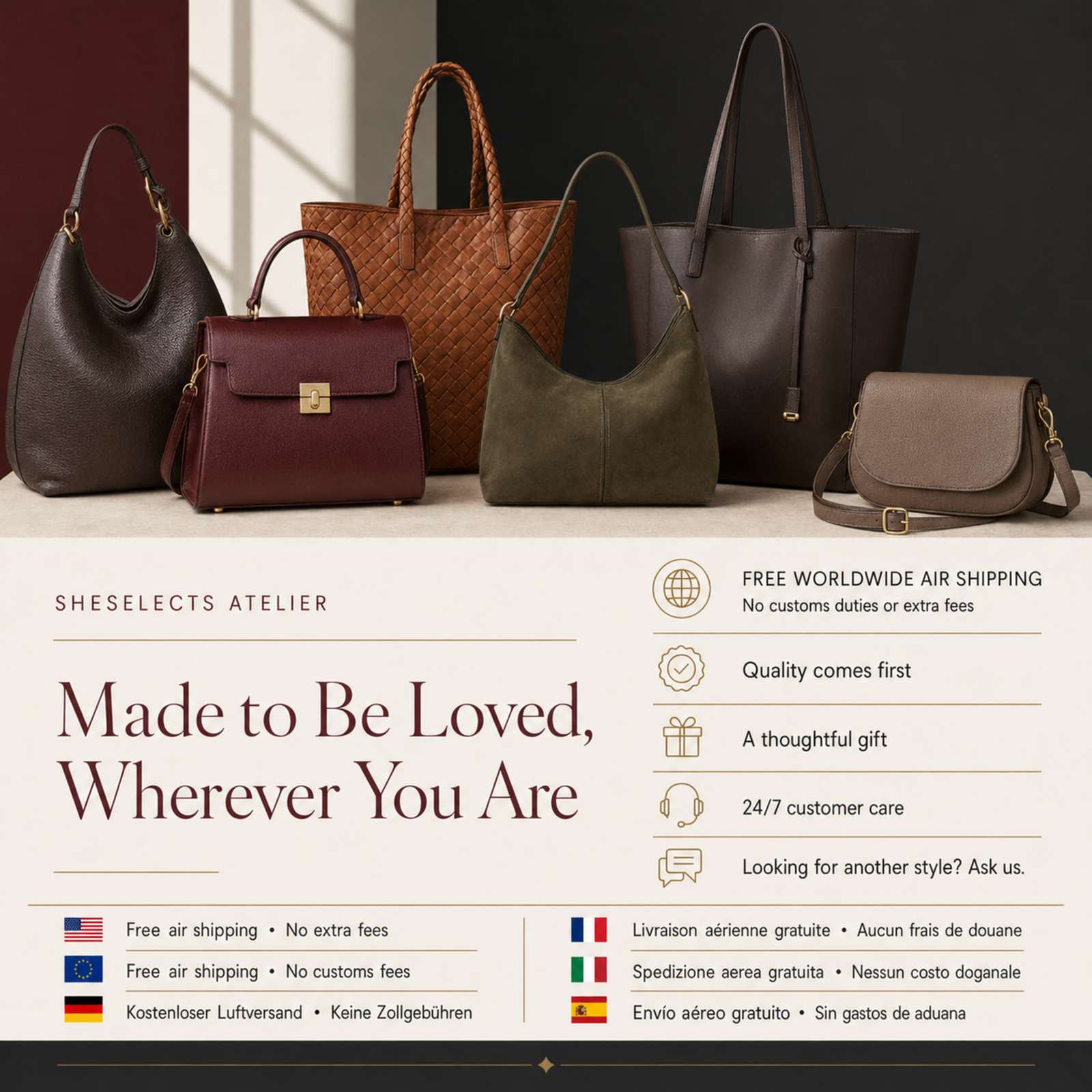 SheSelects Atelier worldwide air shipping, quality and customer care