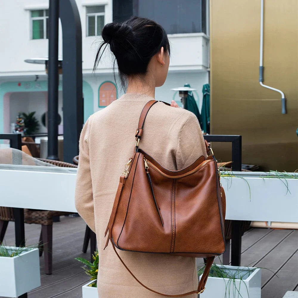 Vegan Leather Handbag for Women, Everyday City Purse in Black, styled as a SheSelects summer accessory