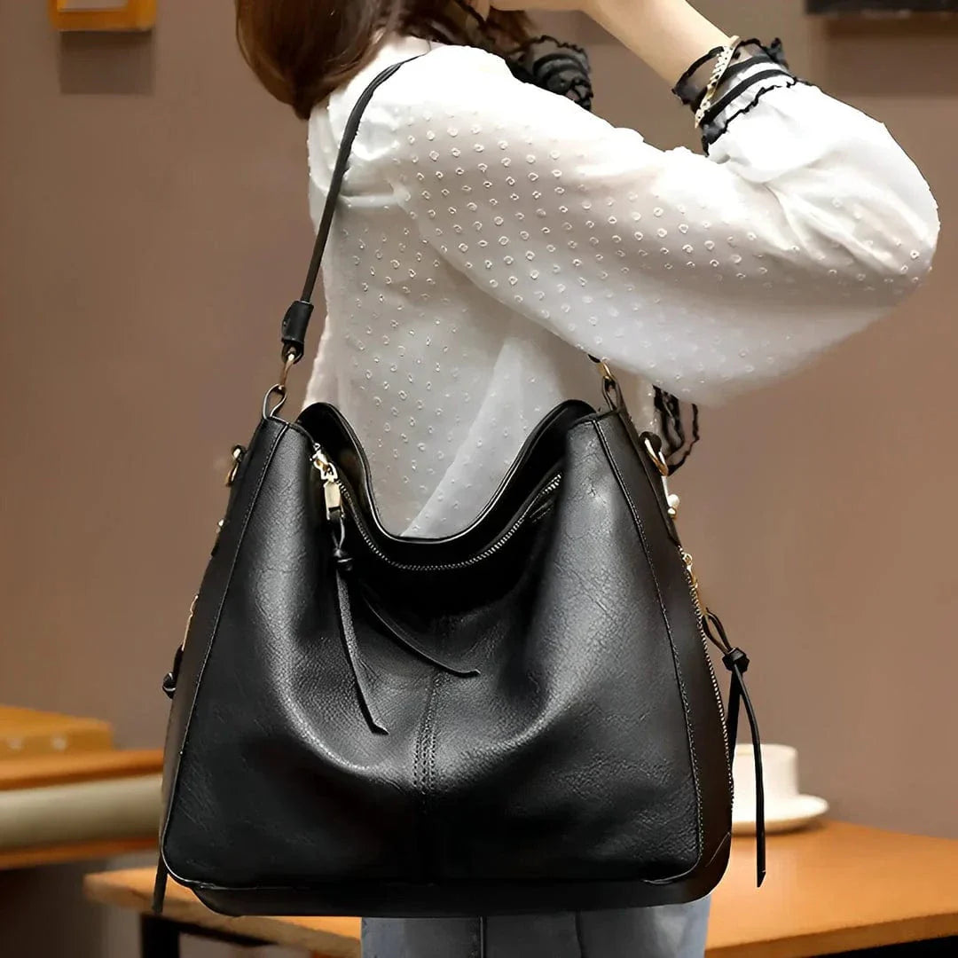Vegan Leather Handbag for Women, Everyday City Purse in Black, styled as a SheSelects summer accessory