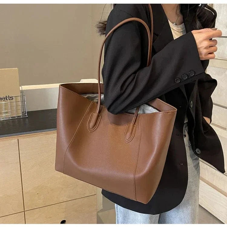 Vegan Leather Tote Bag for Women, Soft Everyday Shoulder Purse in Coffee, styled as a SheSelects summer accessory