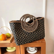 Straw Summer Bag for Women, Natural Summer Vacation Purse in Black, styled as a SheSelects summer accessory