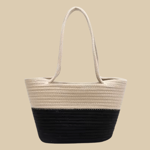 Large Straw Summer Bag for Women, Natural Summer Vacation Purse in Black, styled as a SheSelects summer accessory