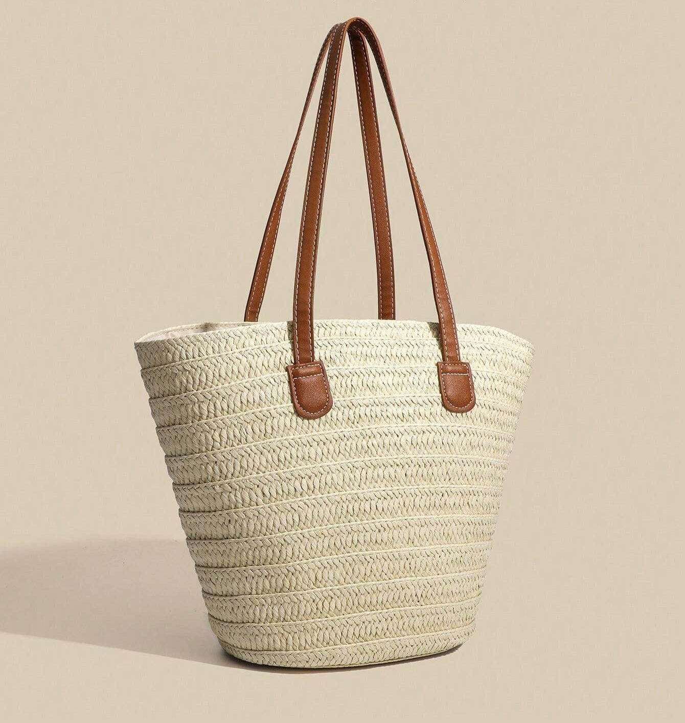 Large Straw Tote Bag for Women, Woven Summer Beach and Vacation Purse in Beige, styled as a SheSelects summer accessory