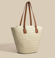 Large Straw Tote Bag for Women, Woven Summer Beach and Vacation Purse in Beige, styled as a SheSelects summer accessory