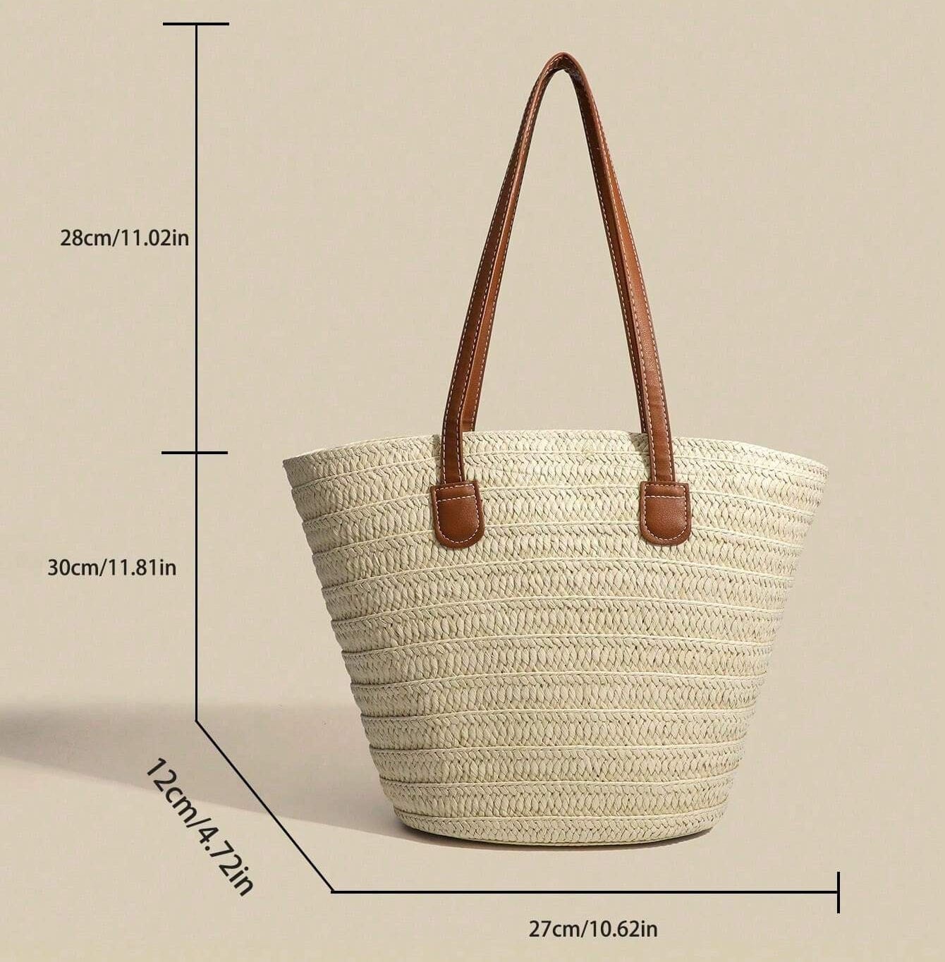Large Straw Tote Bag for Women, Woven Summer Beach and Vacation Purse in Beige, styled as a SheSelects summer accessory