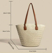 Large Straw Tote Bag for Women, Woven Summer Beach and Vacation Purse in Beige, styled as a SheSelects summer accessory