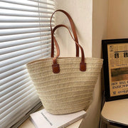 Large Straw Tote Bag for Women, Woven Summer Beach and Vacation Purse in Beige, styled as a SheSelects summer accessory