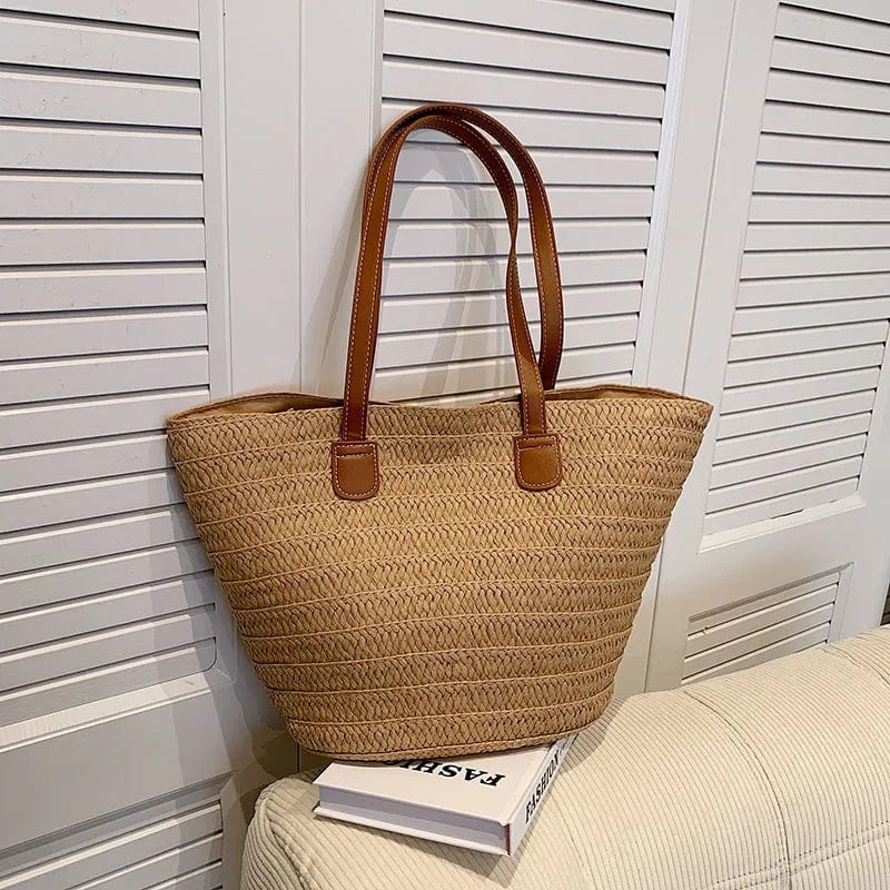 Large Straw Tote Bag for Women, Woven Summer Beach and Vacation Purse in Beige, styled as a SheSelects summer accessory