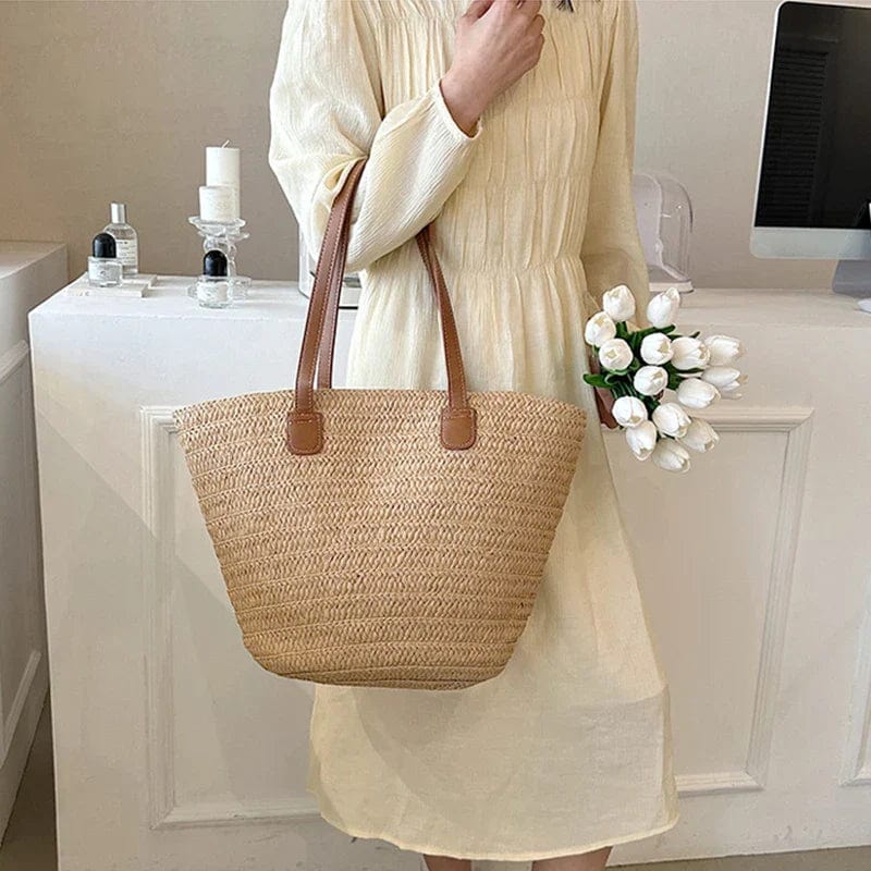 Large Straw Tote Bag for Women, Woven Summer Beach and Vacation Purse in Beige, styled as a SheSelects summer accessory
