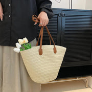 Large Straw Tote Bag for Women, Woven Summer Beach and Vacation Purse in Beige, styled as a SheSelects summer accessory