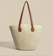 Large Straw Tote Bag for Women, Woven Summer Beach and Vacation Purse in Beige, styled as a SheSelects summer accessory