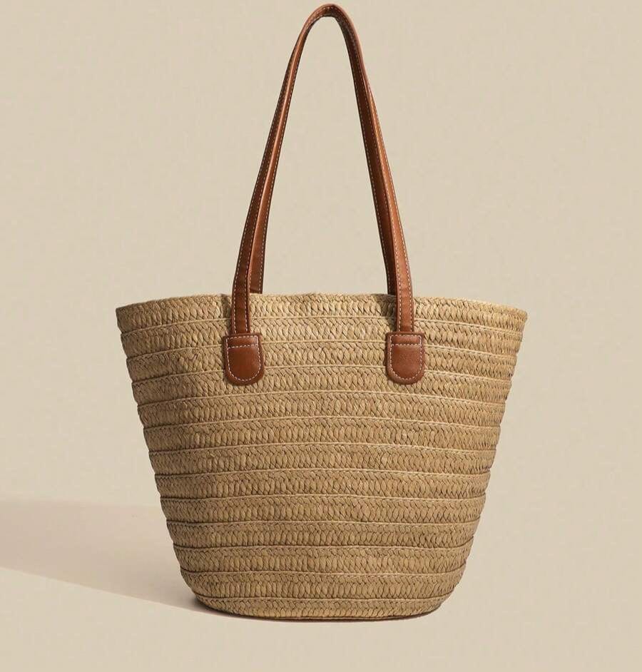 Large Straw Tote Bag for Women, Woven Summer Beach and Vacation Purse in Beige, styled as a SheSelects summer accessory