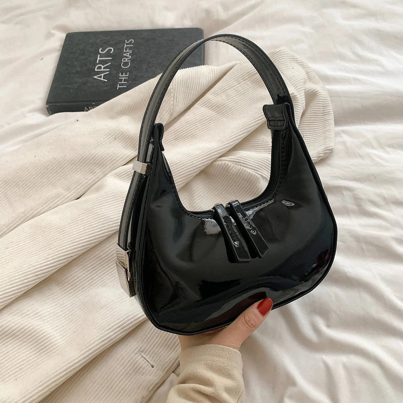 Vegan Leather Handbag for Women, Everyday City Purse in Black, styled as a SheSelects summer accessory