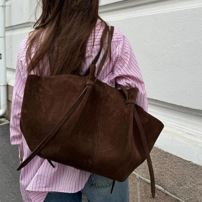 Suede Style Vegan Leather Tote Bag for Women, Soft Everyday Shoulder Purse in Coffee, styled as a SheSelects summer accessory